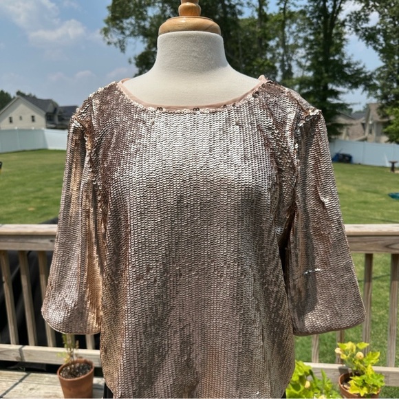 J.Crew Bianca Rose Gold Full Sequin Blouse 12 with gross grain black ties - Picture 9 of 9